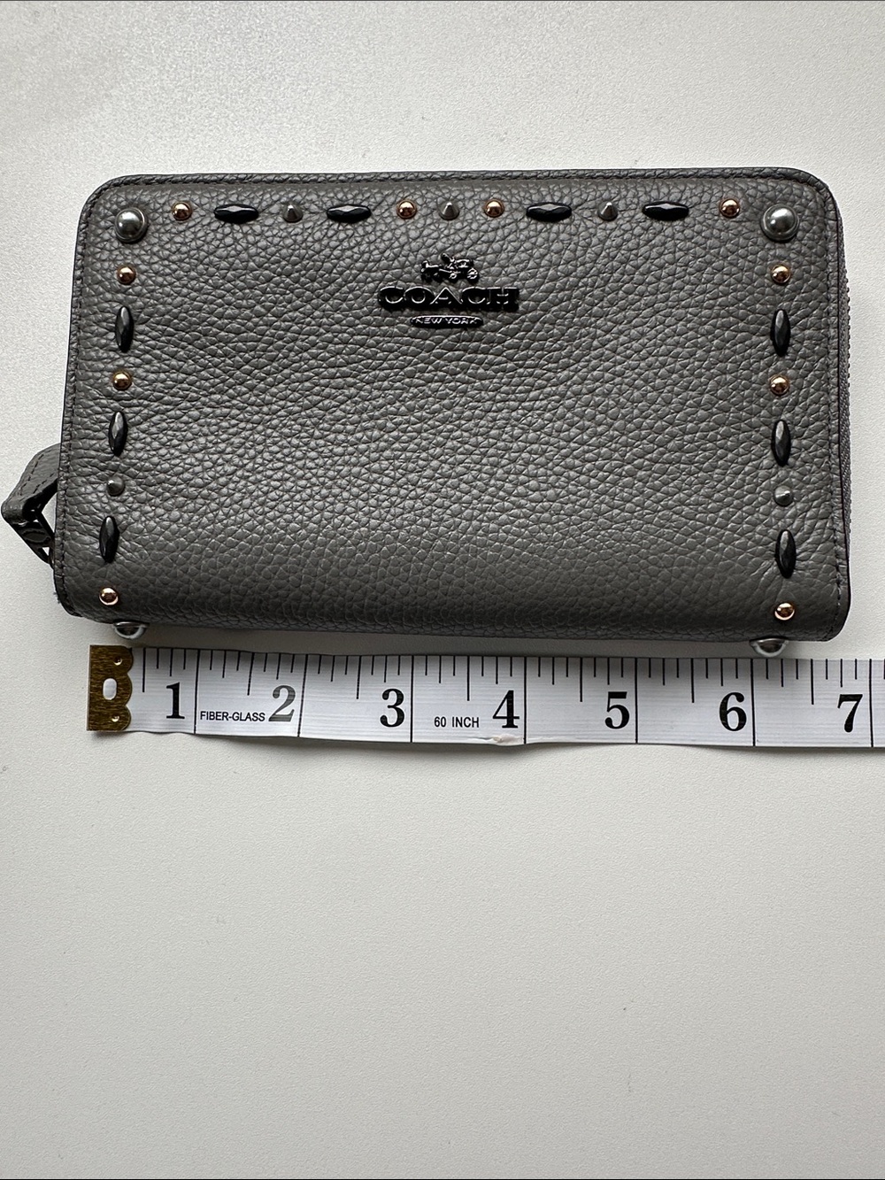Coach Charcoal Pebbled Leather Zip Wallet with Mixed Stud Accents